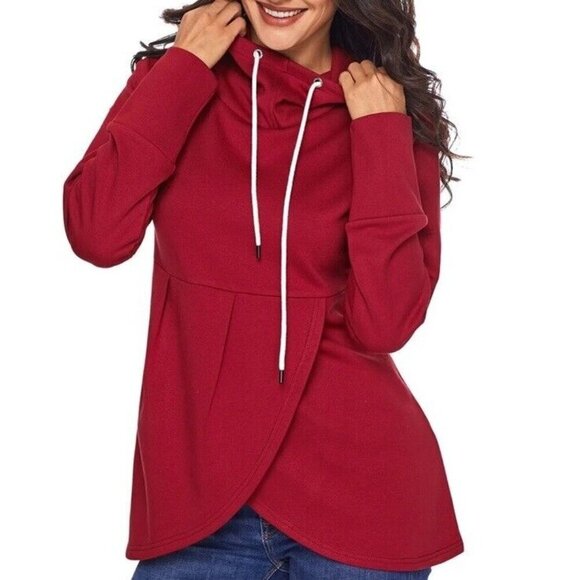 Not Specified Tops - Pullover Hoodie Long Sleeves Casual Asymmetric Hem Top Women’s Sz M , Deep Red